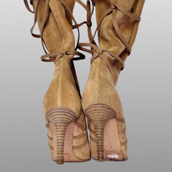 Michael Kors Suede Wrap-Tie Knee Boots Camel Made in Italy Size 6M - Picture 6 of 7